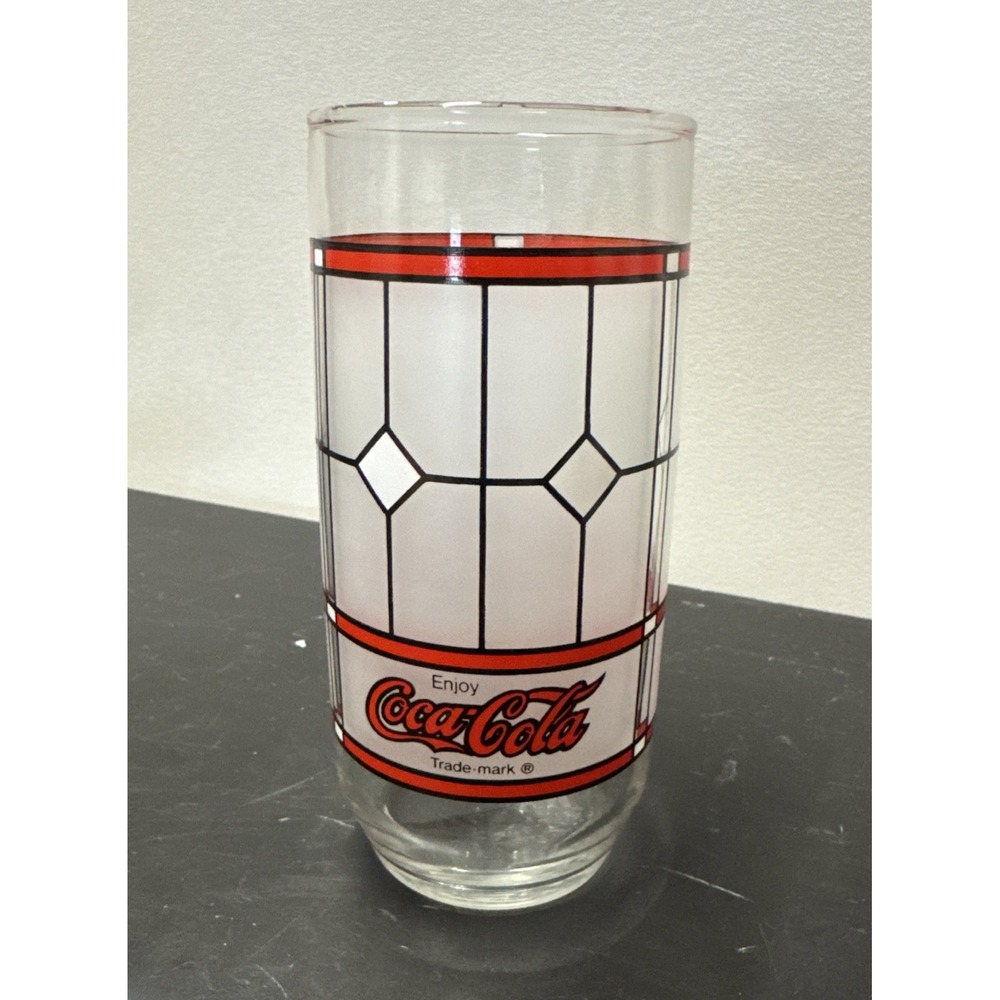 Vintage 1985 Enjoy Coca Cola Red Black Tiffany Stained‎ Drinking Glass